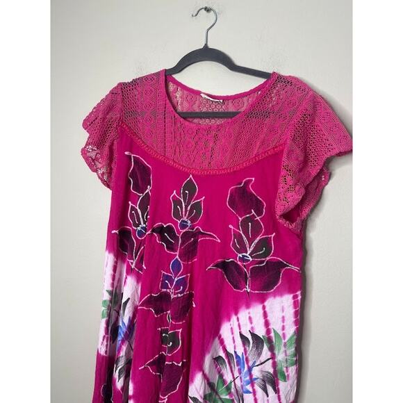 Pepper Free Size Pink Dress Asymmetric Floral Tie Dye Lace Beachy Boho Hippie - Picture 2 of 8